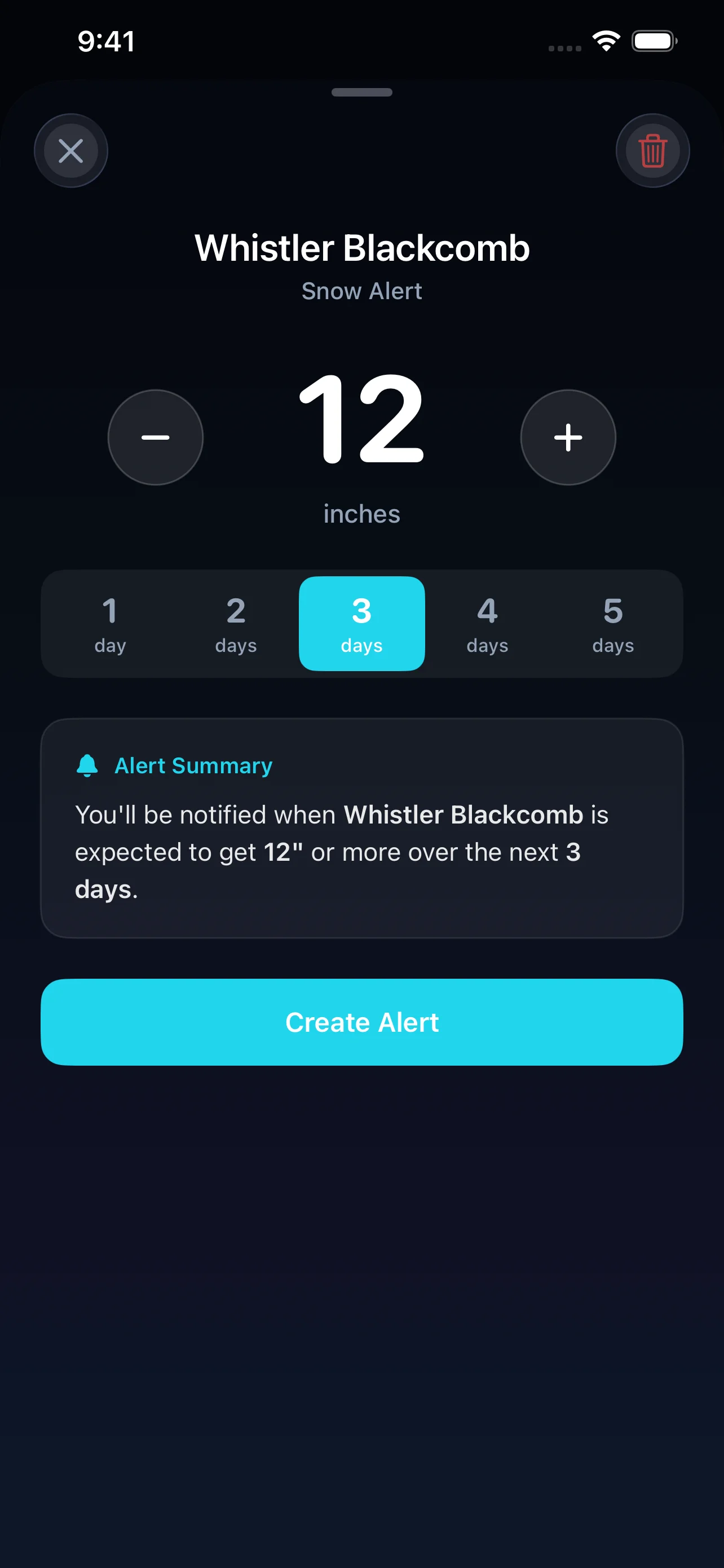 Powder Radar powder alerts screen