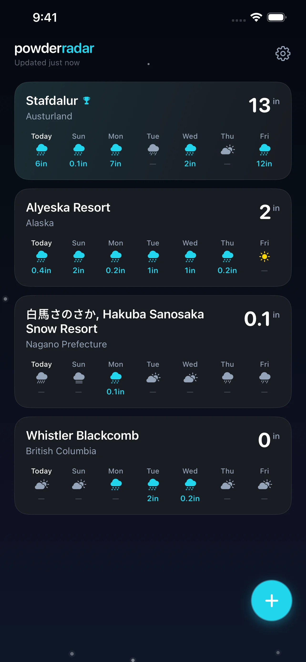 Powder Radar home screen showing resort list with forecast